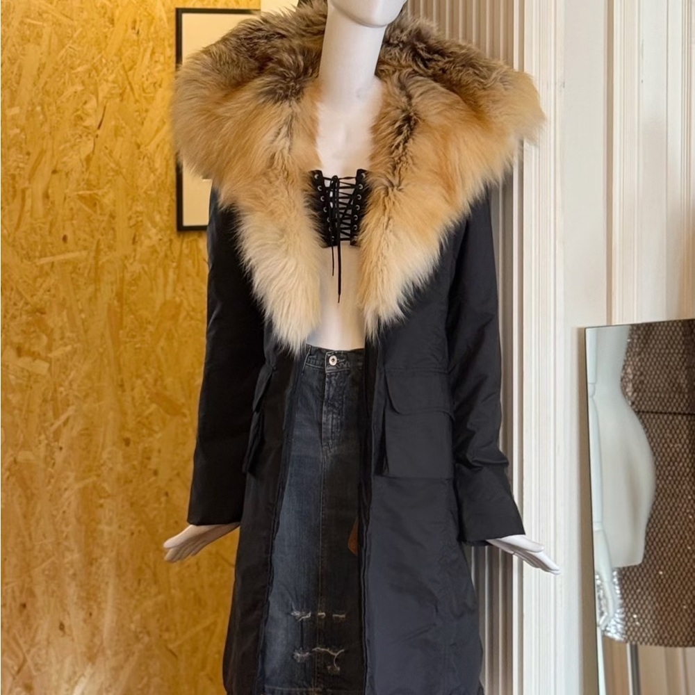 Ermanno Scervino Black Trench Coat with Tan Fur Collar